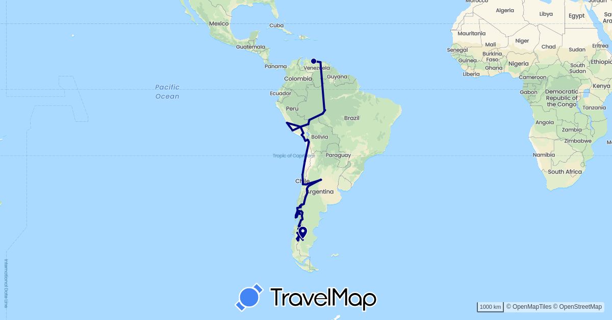 TravelMap itinerary: driving in Argentina, Bolivia, Brazil, Chile, Peru, Venezuela (South America)